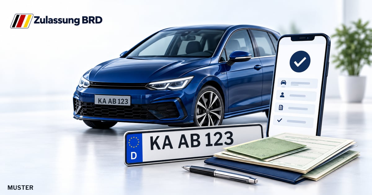 Online Fahrzeugzulassung in Pfinztal: Musterkennzeichen KA AB 123, Auto und Fahrzeugpapiere und Smartphone. Illustration mit Logo von Zulassung BRD.